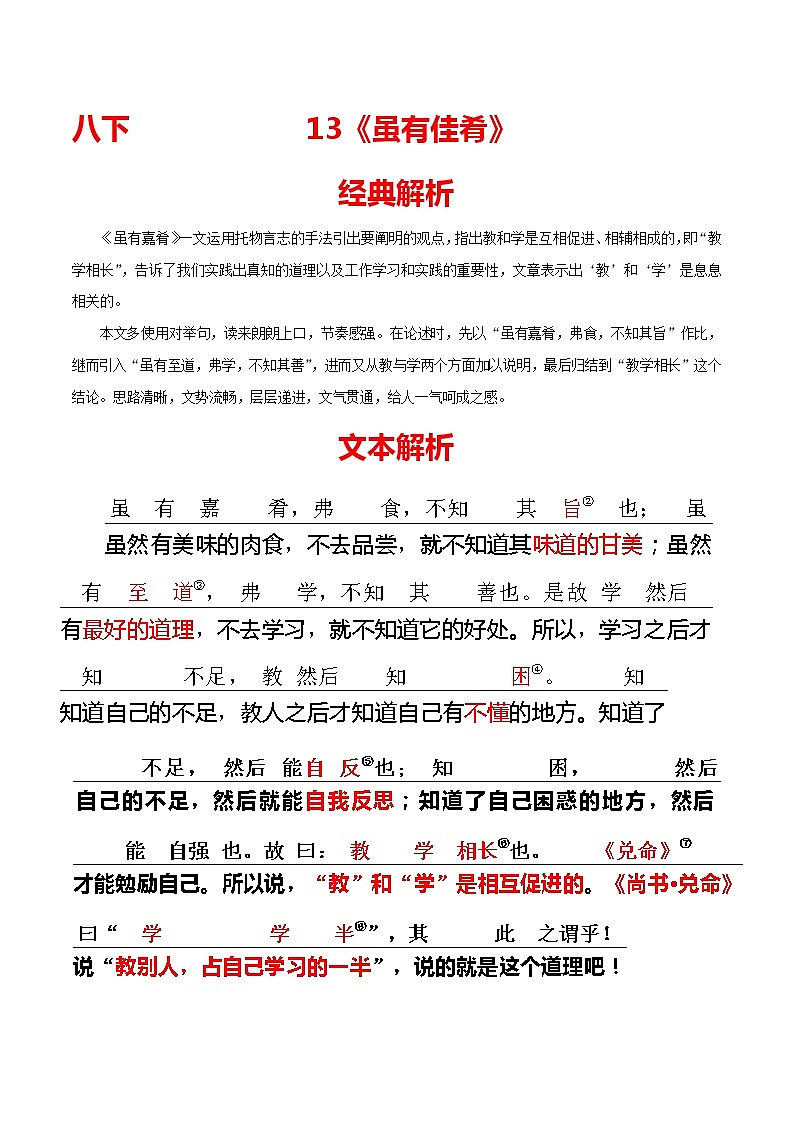 13 八下《虽有佳肴》-2022年中考语文21篇文言文记诵必背（原卷版）第1页