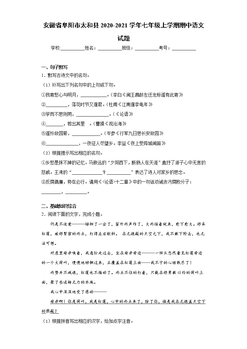 2020-2021学年安徽省阜阳市太和县七年级上学期期中语文试题（含答案与解析）第1页