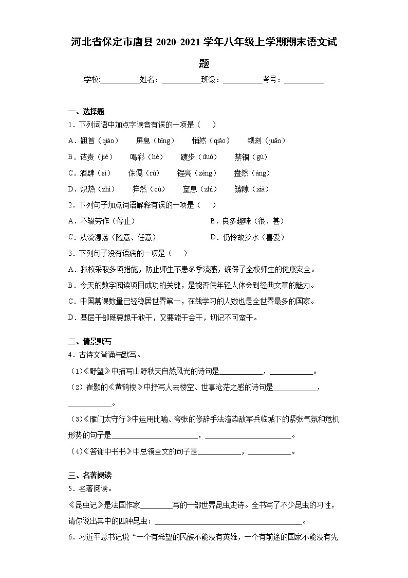 2020-2021学年河北省保定市唐县八年级上学期期末语文试题（含答案与解析）01