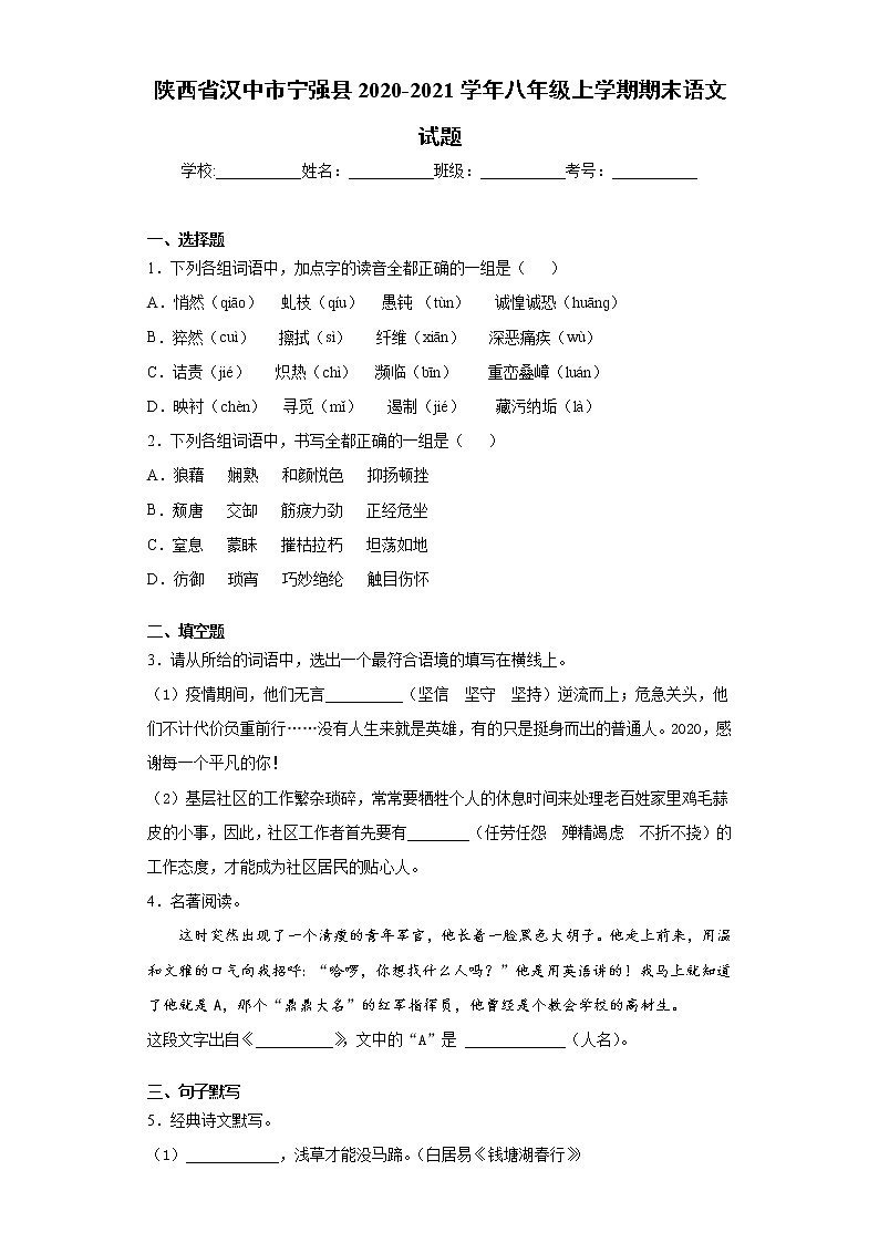 2020-2021学年陕西省汉中市宁强县八年级上学期期末语文试题（含答案与解析）01