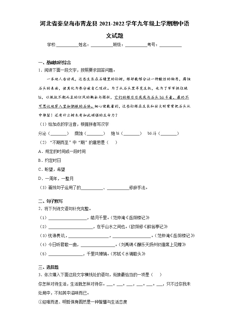 2021-2022学年河北省秦皇岛市青龙县九年级上学期期中语文试题（含答案与解析）第1页