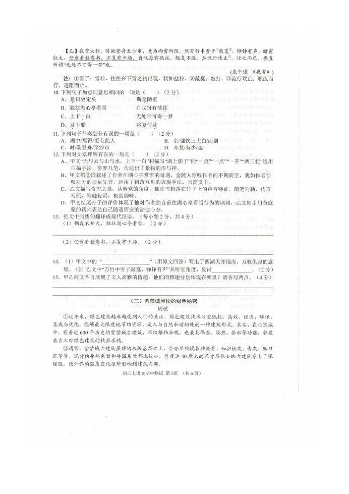 南宁市三美学校2020-2021学年度九年级上学期语文期中测试卷（图片版含答案）第3页