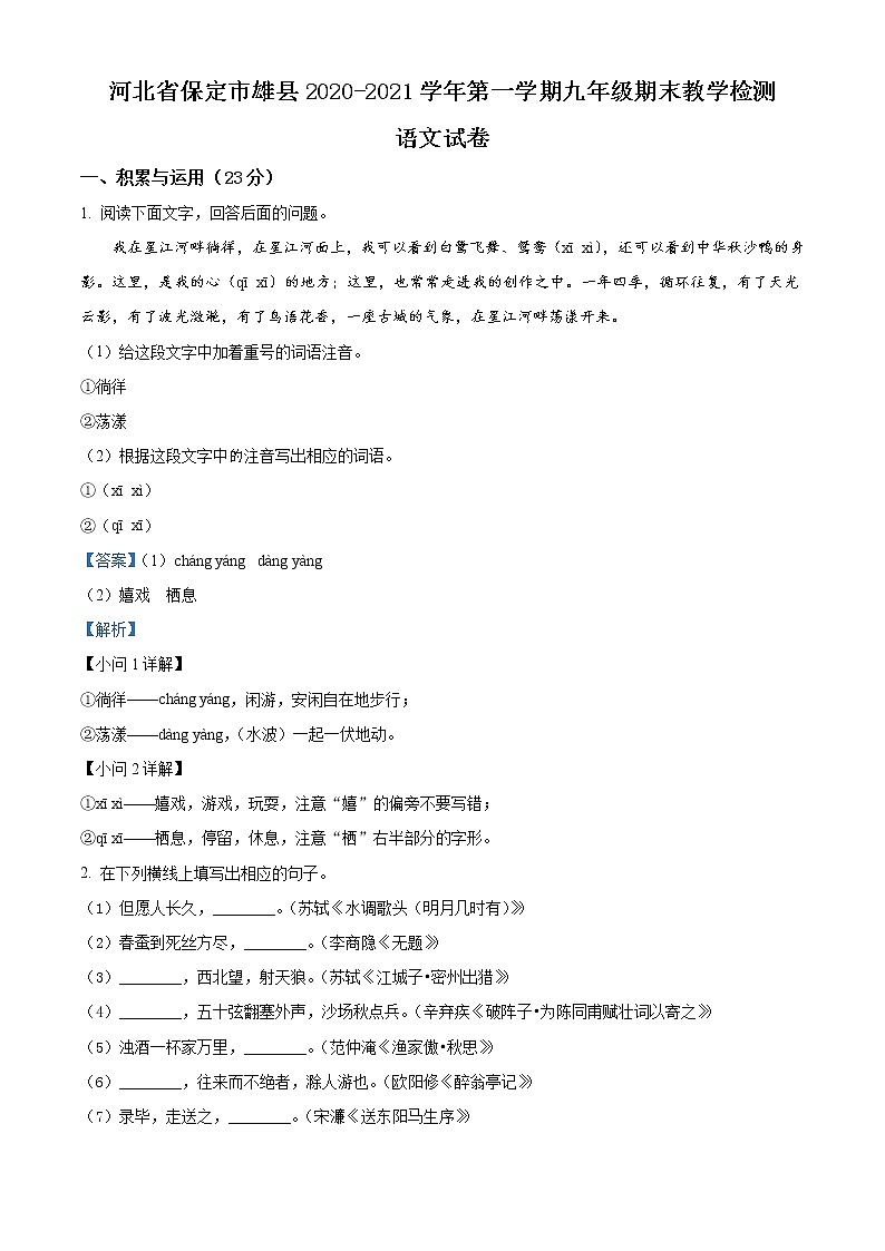 2020-2021学年河北省保定市雄县九年级上学期期末语文试题（含答案与解析）01