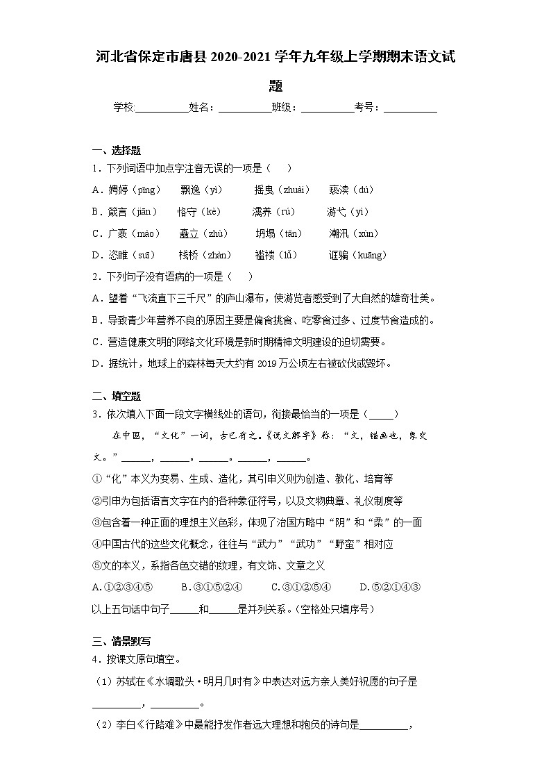 2020-2021学年河北省保定市唐县九年级上学期期末语文试题（含答案与解析）01