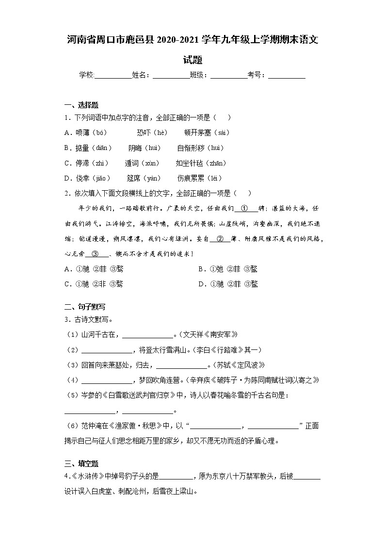 2020-2021学年河南省周口市鹿邑县九年级上学期期末语文试题（含答案与解析）第1页