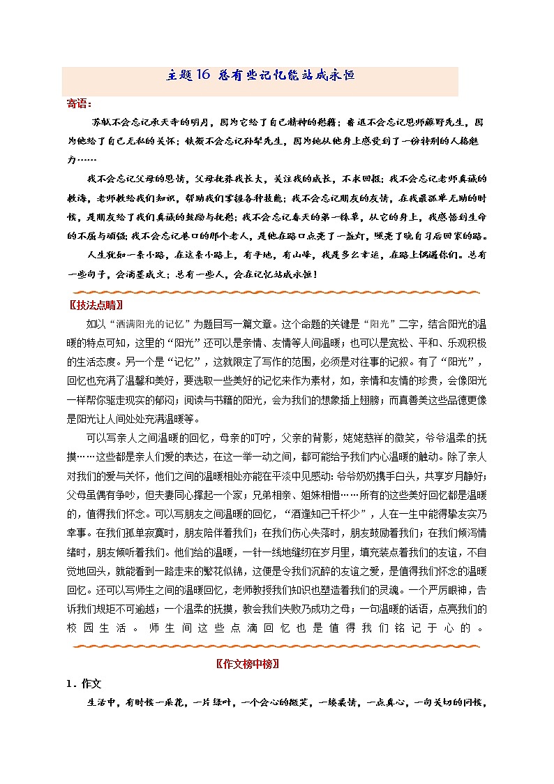 主题17 总有些记忆能站成永恒-备战2022年中考作文新意榜中榜第1页