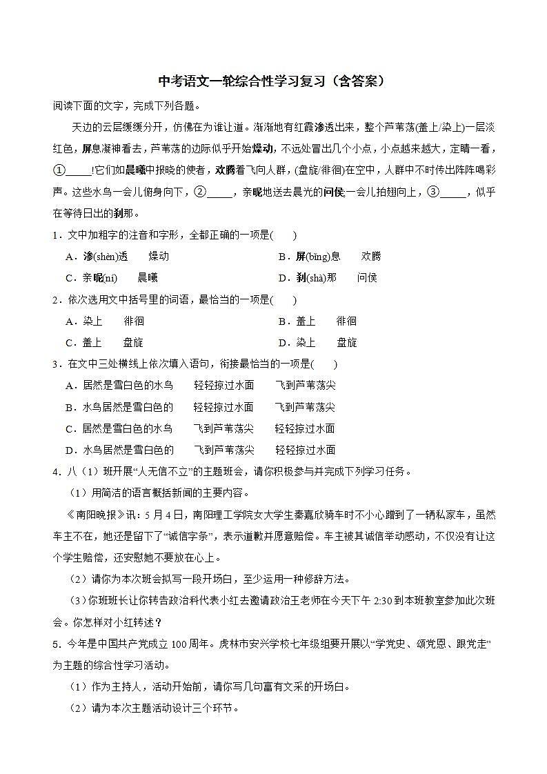 中考语文一轮综合性学习复习（含答案） 试卷01