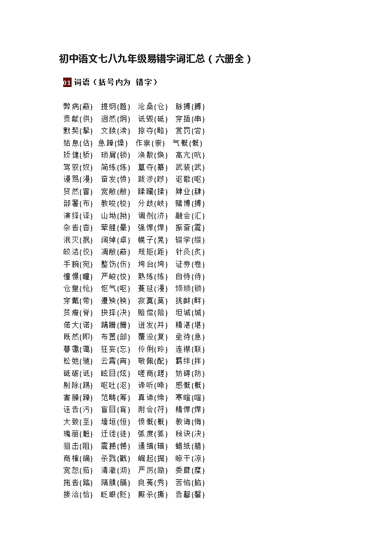 初中语文七八九年级易错字词汇总（六册全）第1页