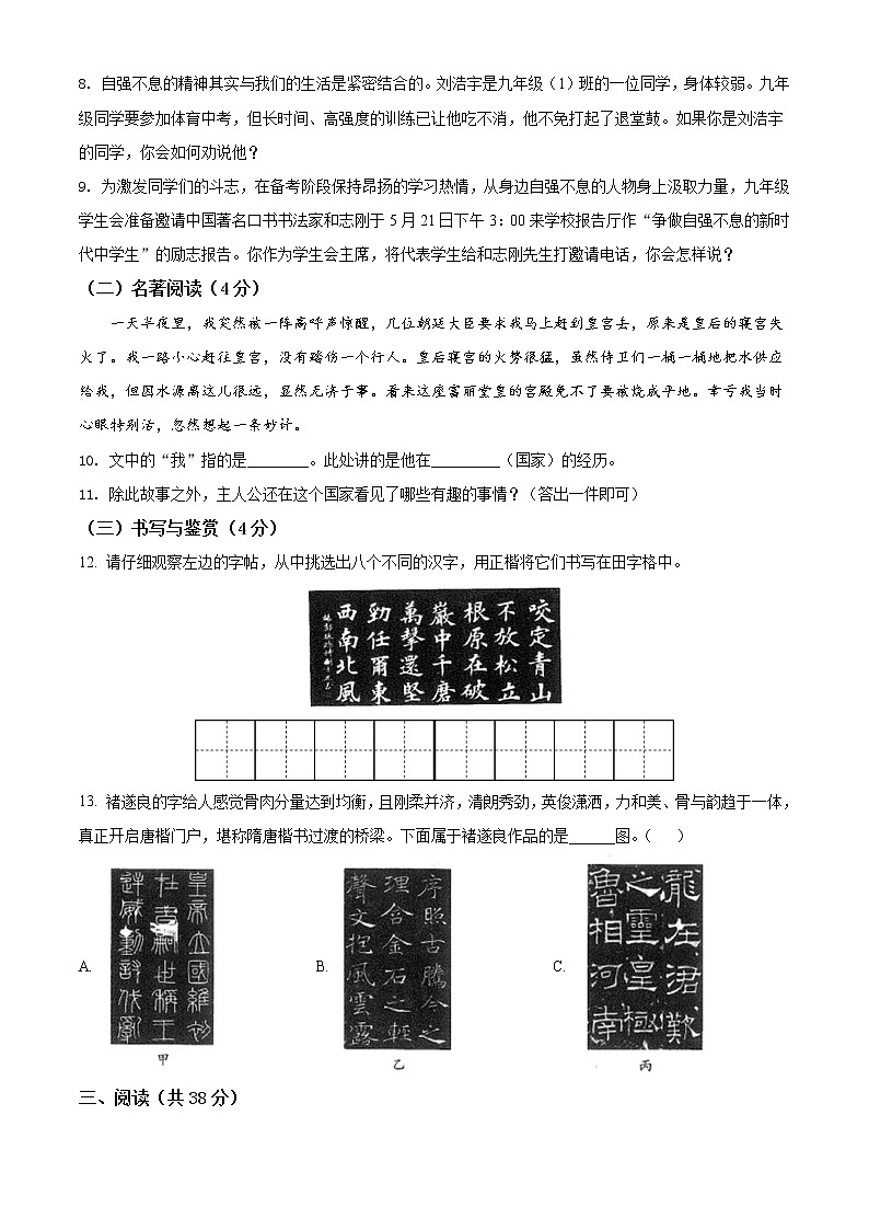 精品解析：2021年云南省丽江市九年级下学期教学质量监测语文试题（原卷版）第3页