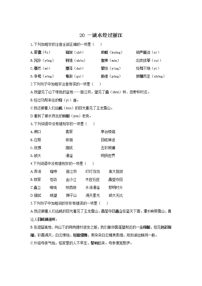 20 一滴水经过丽江—2021-2022学年语文人教部编版八年级下册同步课时作业 练习01