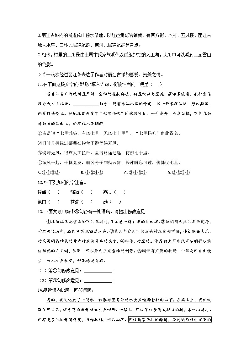 20 一滴水经过丽江—2021-2022学年语文人教部编版八年级下册同步课时作业 练习03