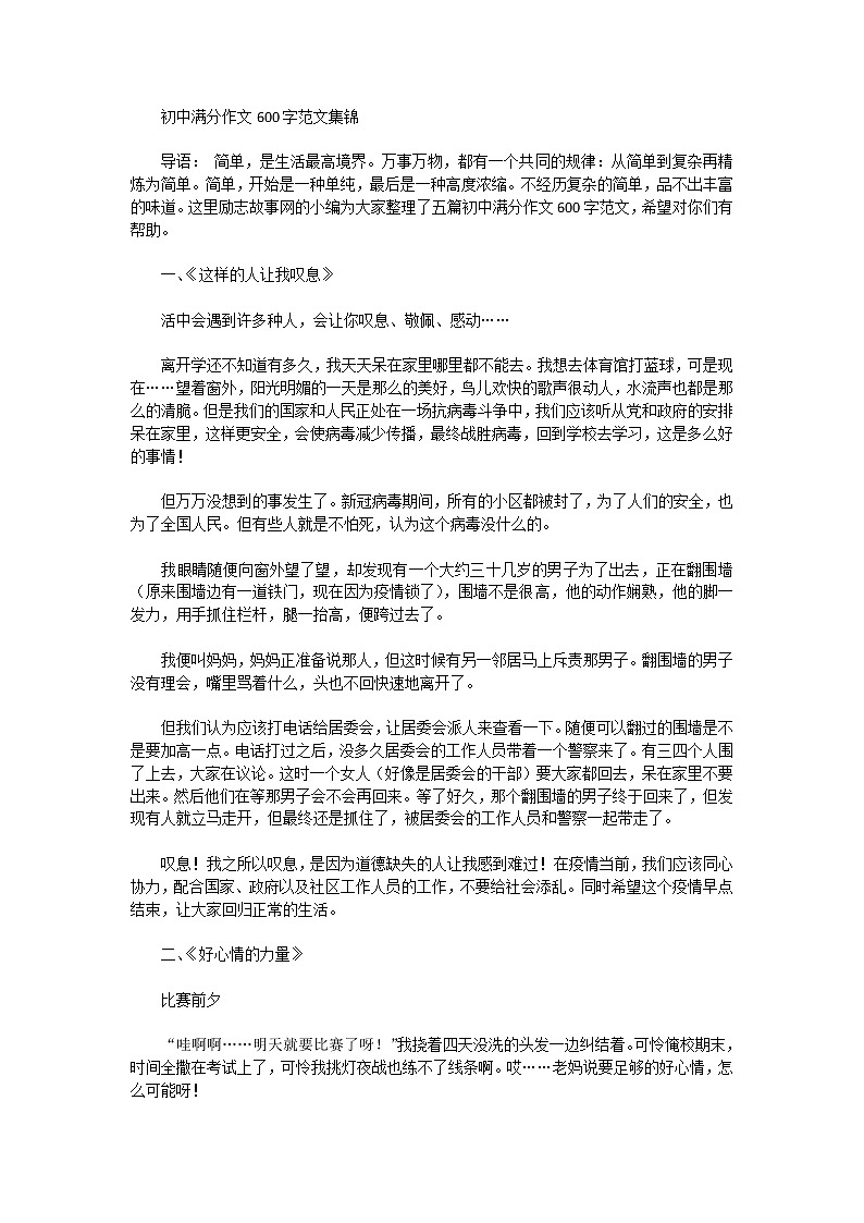 初中满分作文600字范文集锦第1页