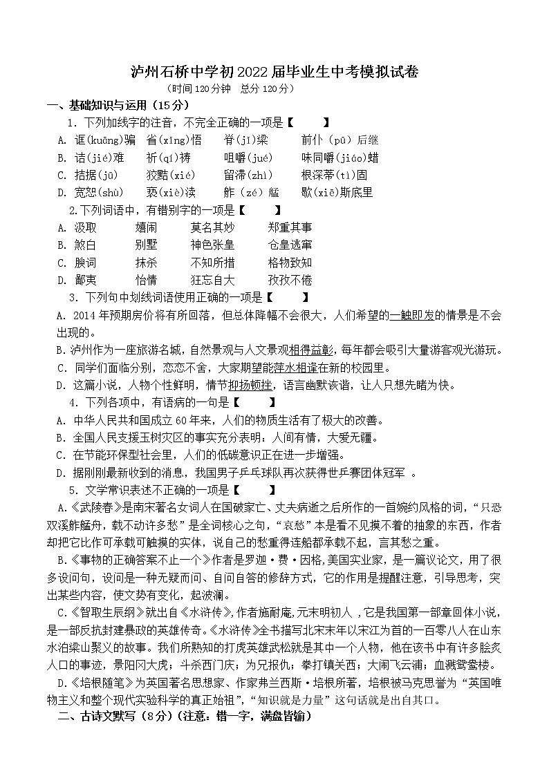 2022年四川省泸州市泸县石桥镇石桥初级中学校中考模拟考试语文题及答案第1页