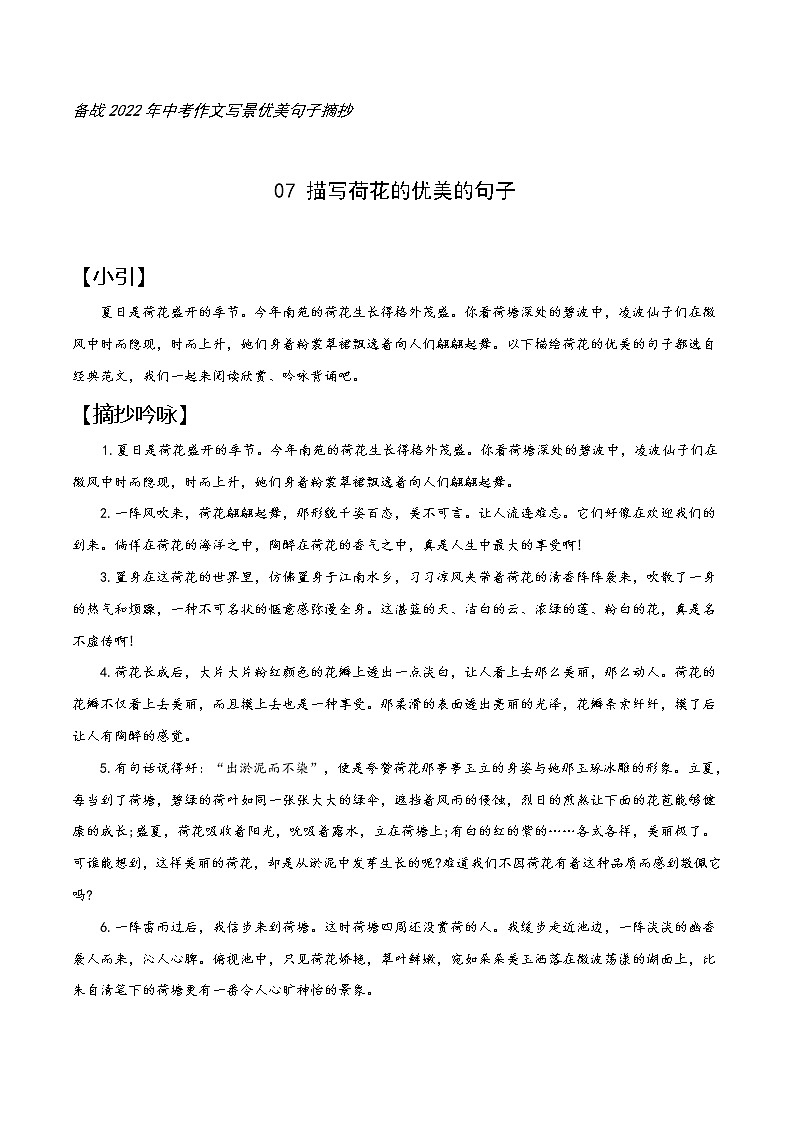 07 荷花-备战2022年中考作文写景优美句子摘抄第1页