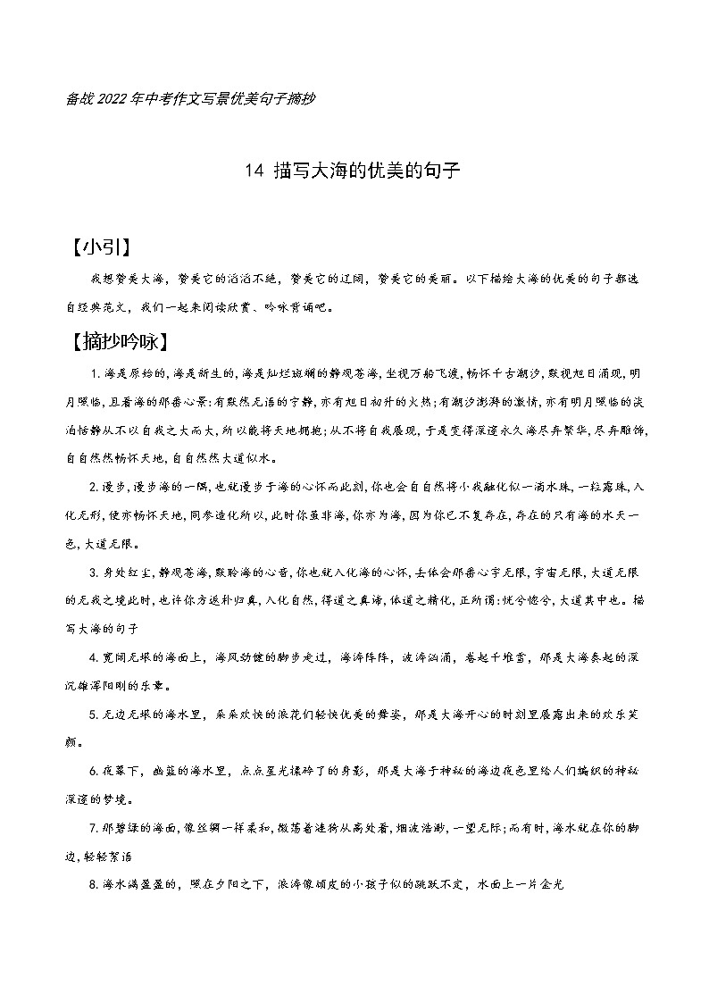 14 大海-备战2022年中考作文写景优美句子摘抄01