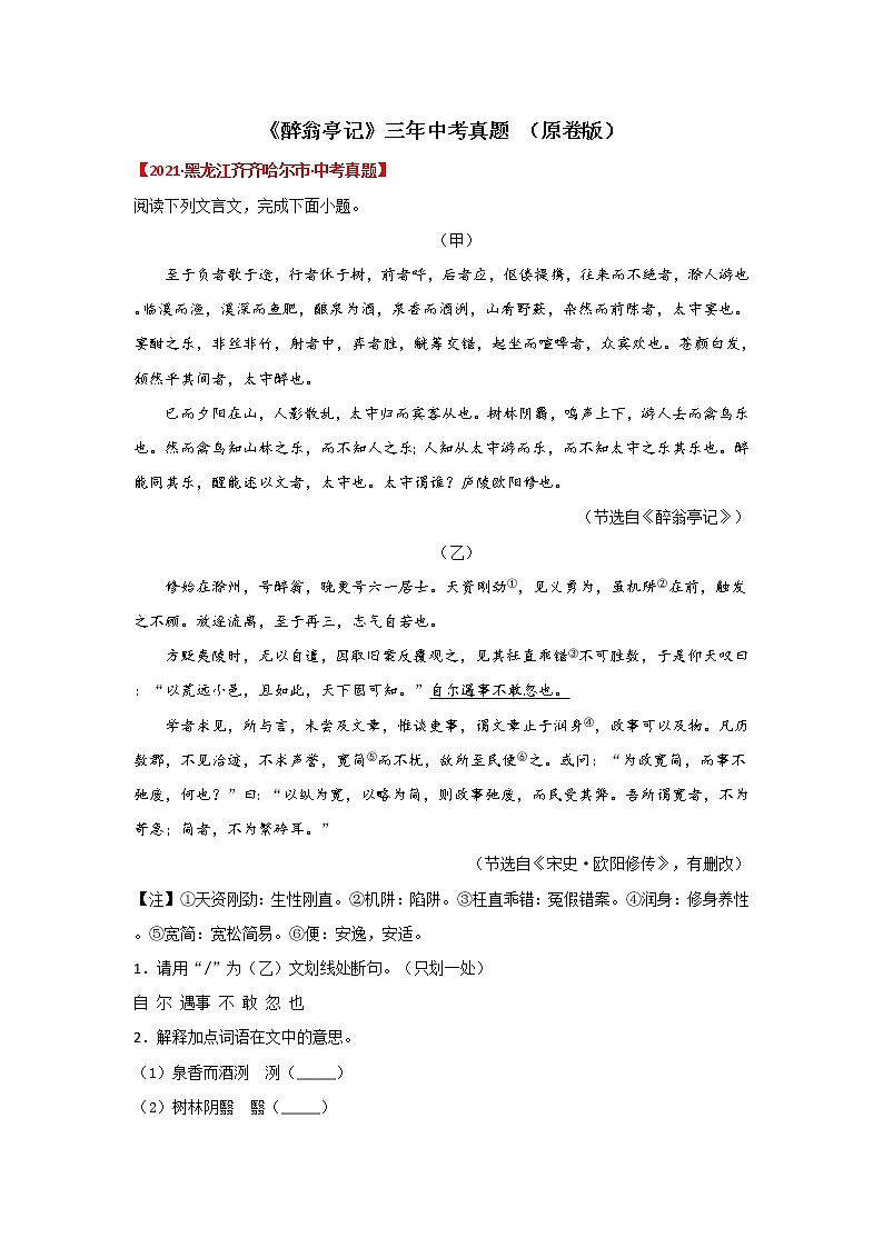 专题02 《醉翁亭记》三年中考真题（原卷版）-备战2022年中考语文课内文言文知识点梳理+三年真题训练（部编版）第1页