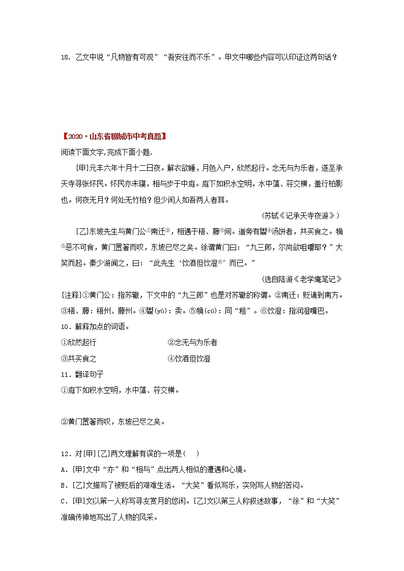 专题18  《记承天寺夜游》三年中考真题（原卷版）-备战2022年中考语文课内文言文知识点梳理+三年真题训练（部编版）第3页