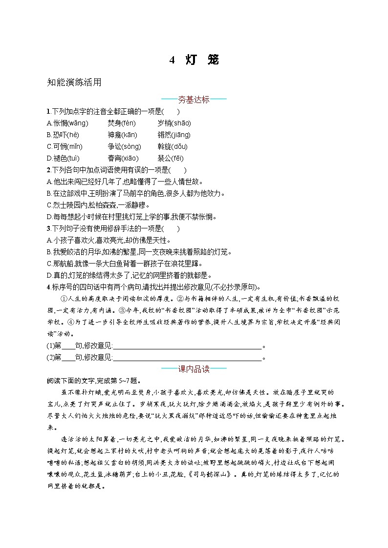 统编版八年级下册语文 4  灯笼 课课练01