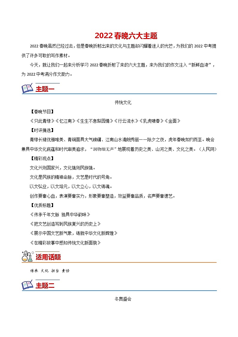 2022年中考作文热点素材--春晚六大主题-01