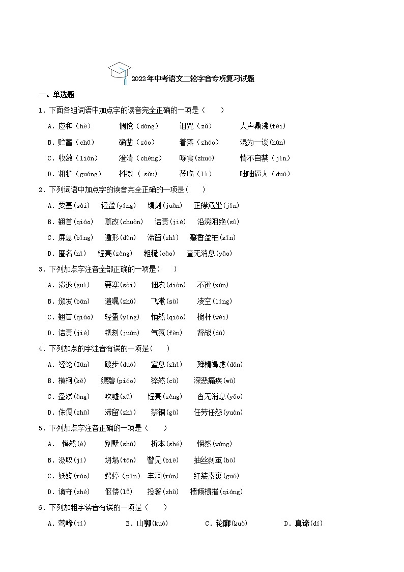 2022年中考语文二轮字音专项复习试题01
