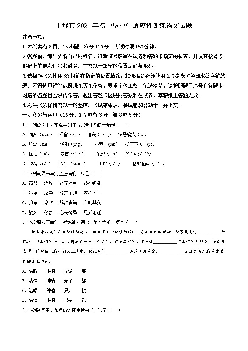 精品解析：2021年湖北省十堰市初中毕业生适应性训练语文试题(解析版+原卷版)01