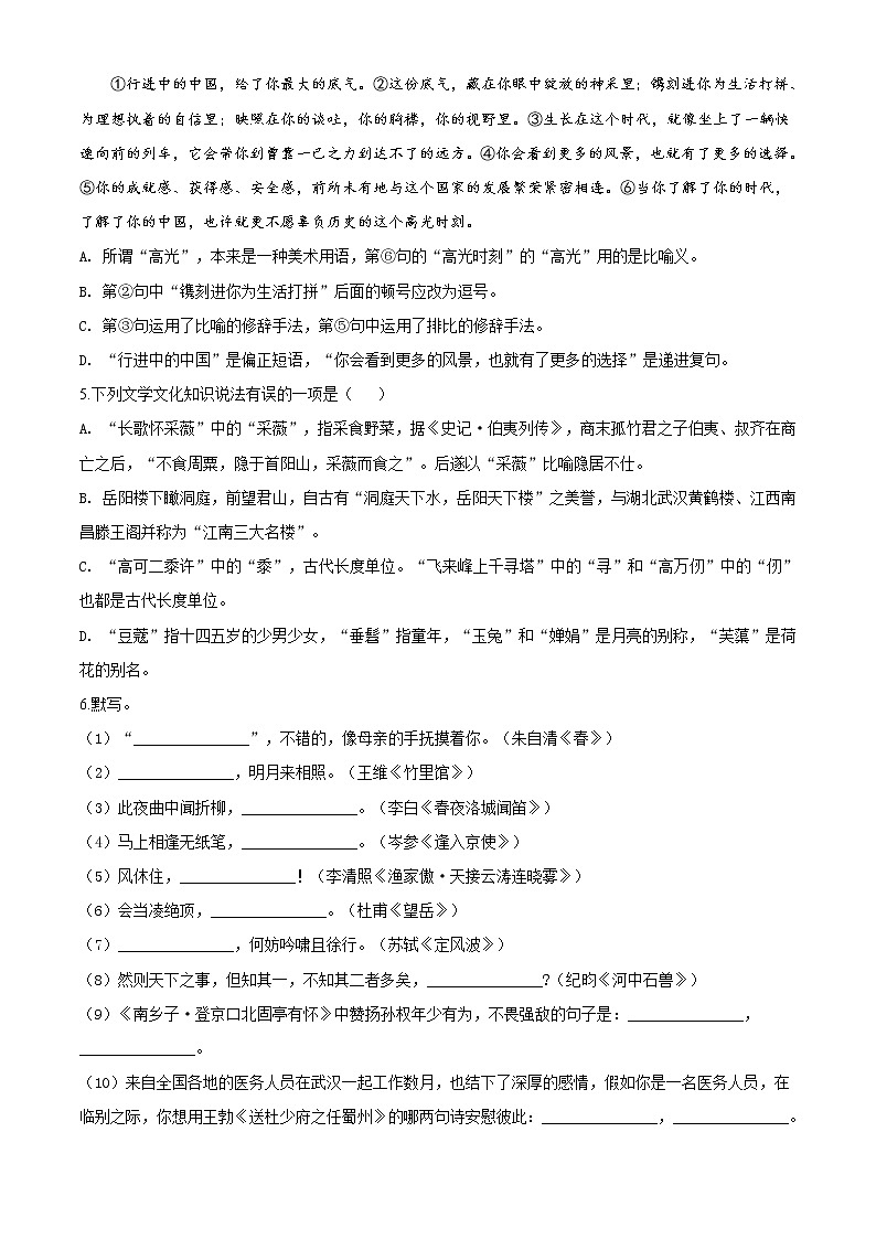 精品解析：2020年山东省滨州市滨城区中考一模语文试题(解析版+原卷版)02