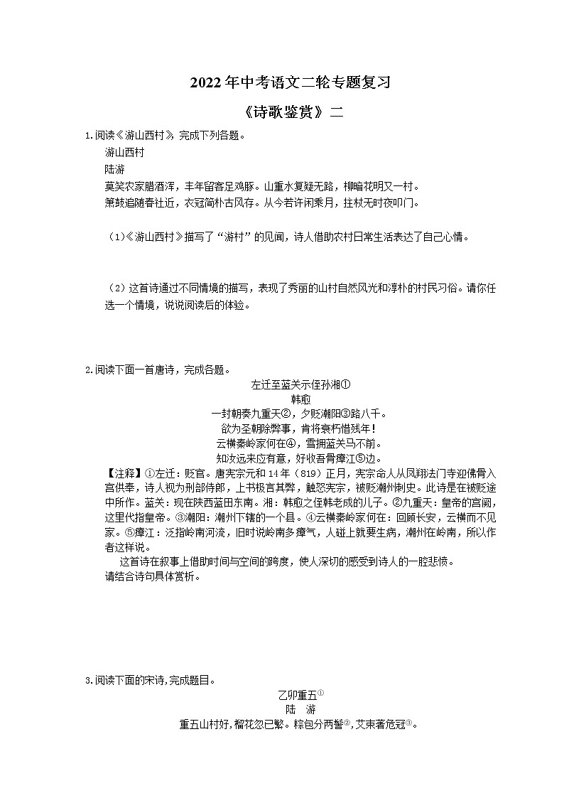 2022年中考语文二轮专题复习《诗歌鉴赏》二(含答案)第1页
