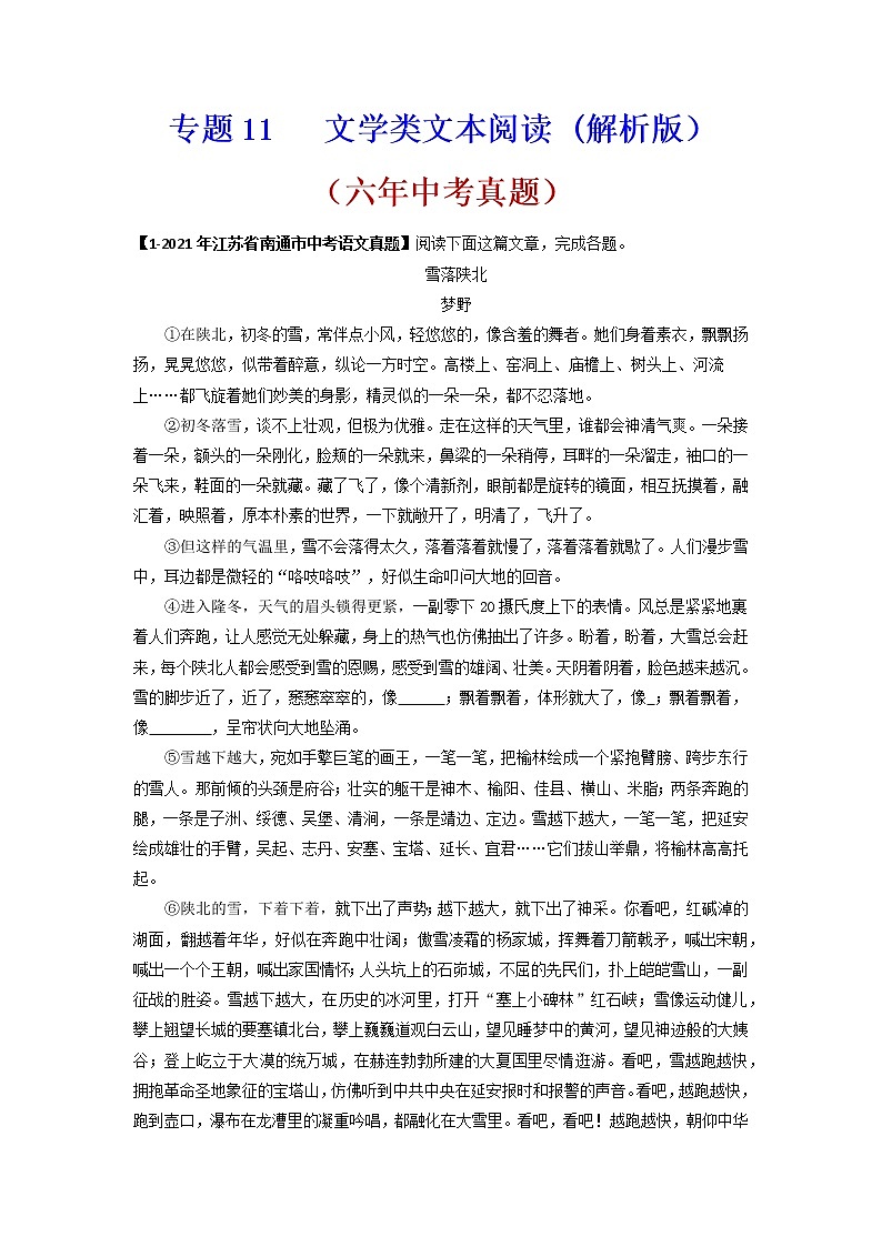 文学类文本阅读语文试题分项汇编（江苏专用）第1页