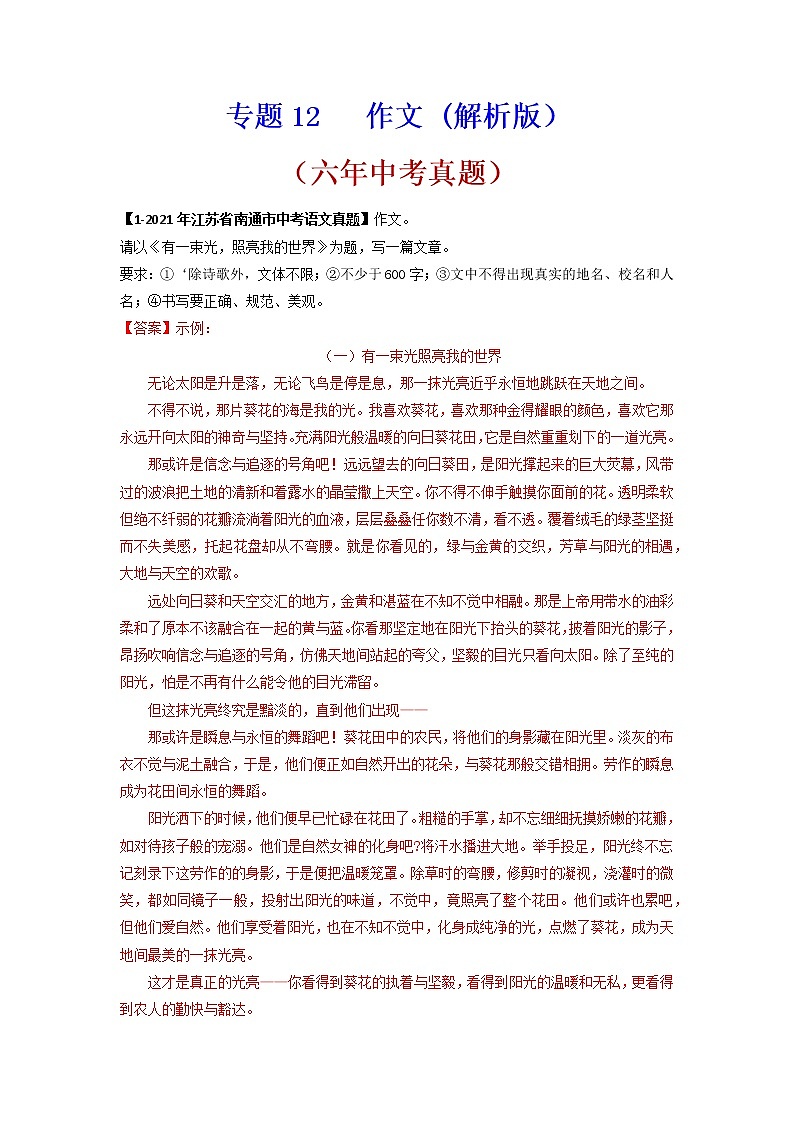 作文语文试题分项汇编（江苏专用）01