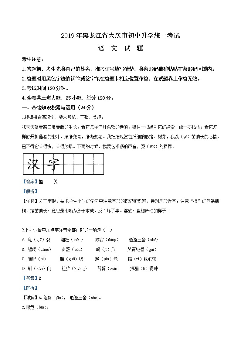 2019年黑龙江省大庆市中考语文试题（解析版）01