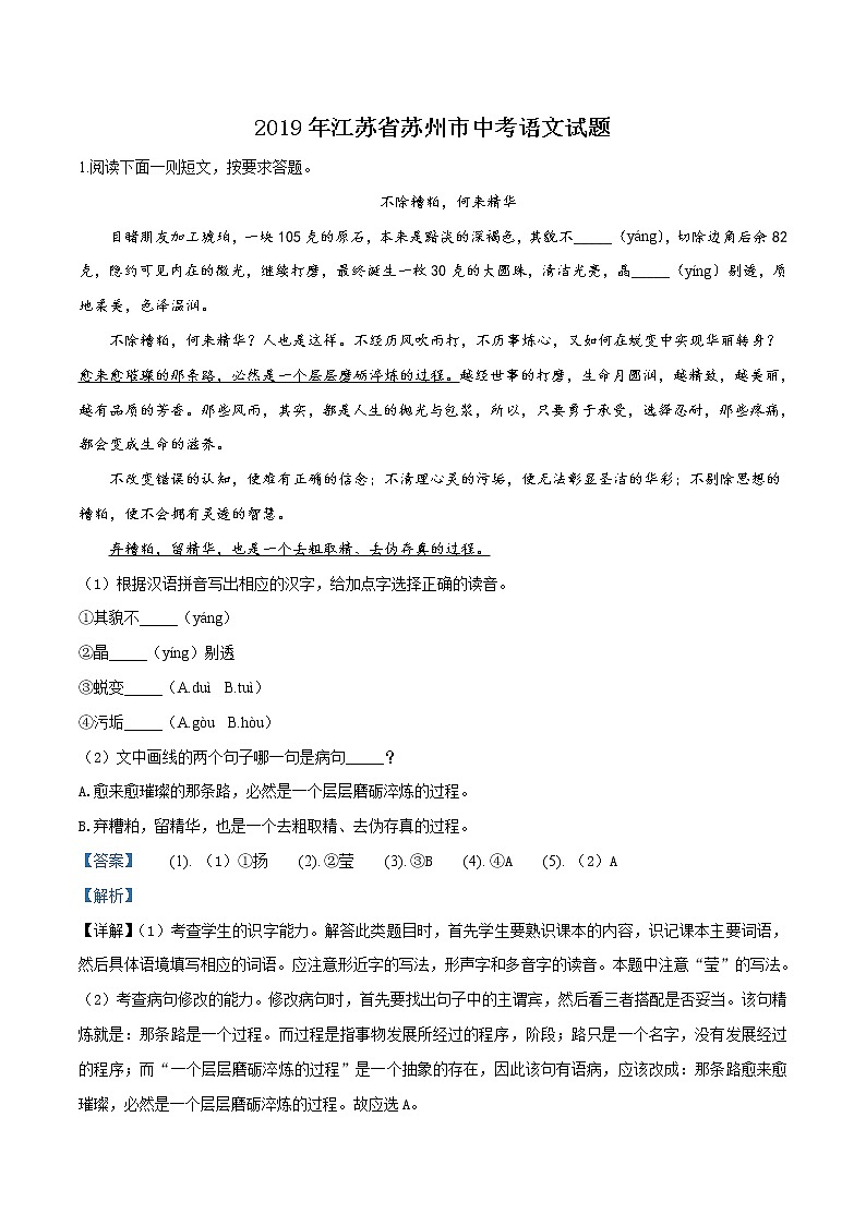 2019年江苏省苏州市中考语文试题（解析版）01