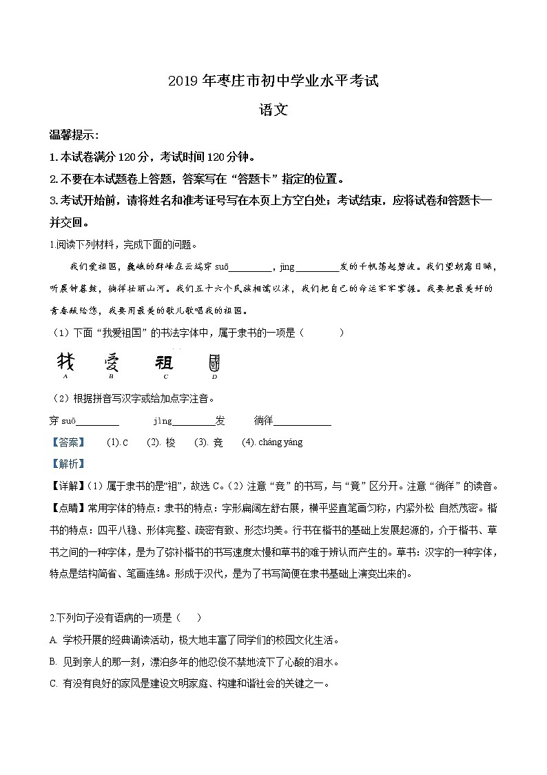 2019年山东省枣庄市中考语文试题（解析版）01