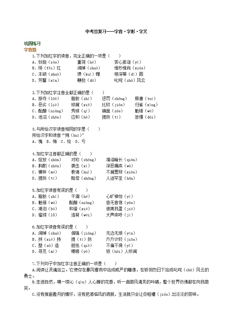 01.中考总复习——字音•字形•字义  巩固练习第1页