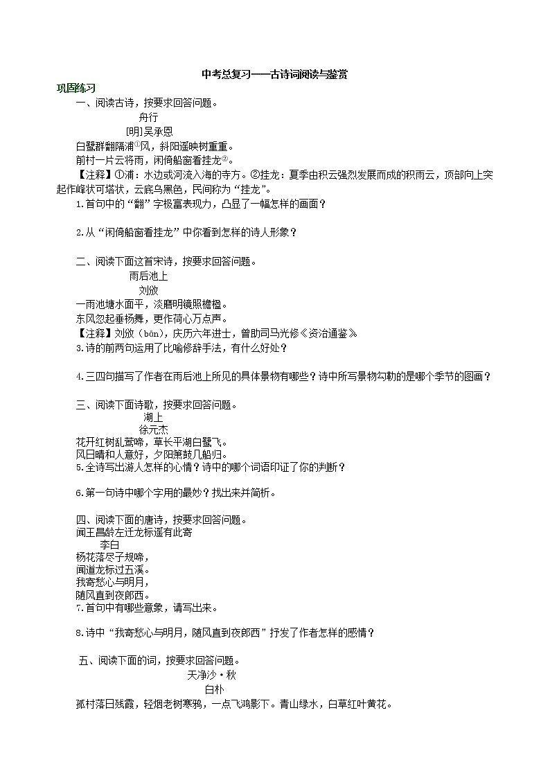 14中考总复习——古诗词阅读与鉴赏 巩固练习第1页