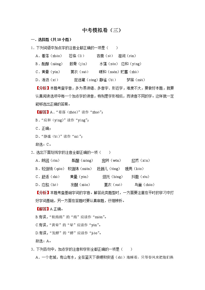 中考模拟卷（三）（解析版）-2022年语文中考一轮复习考点透析（部编版）01
