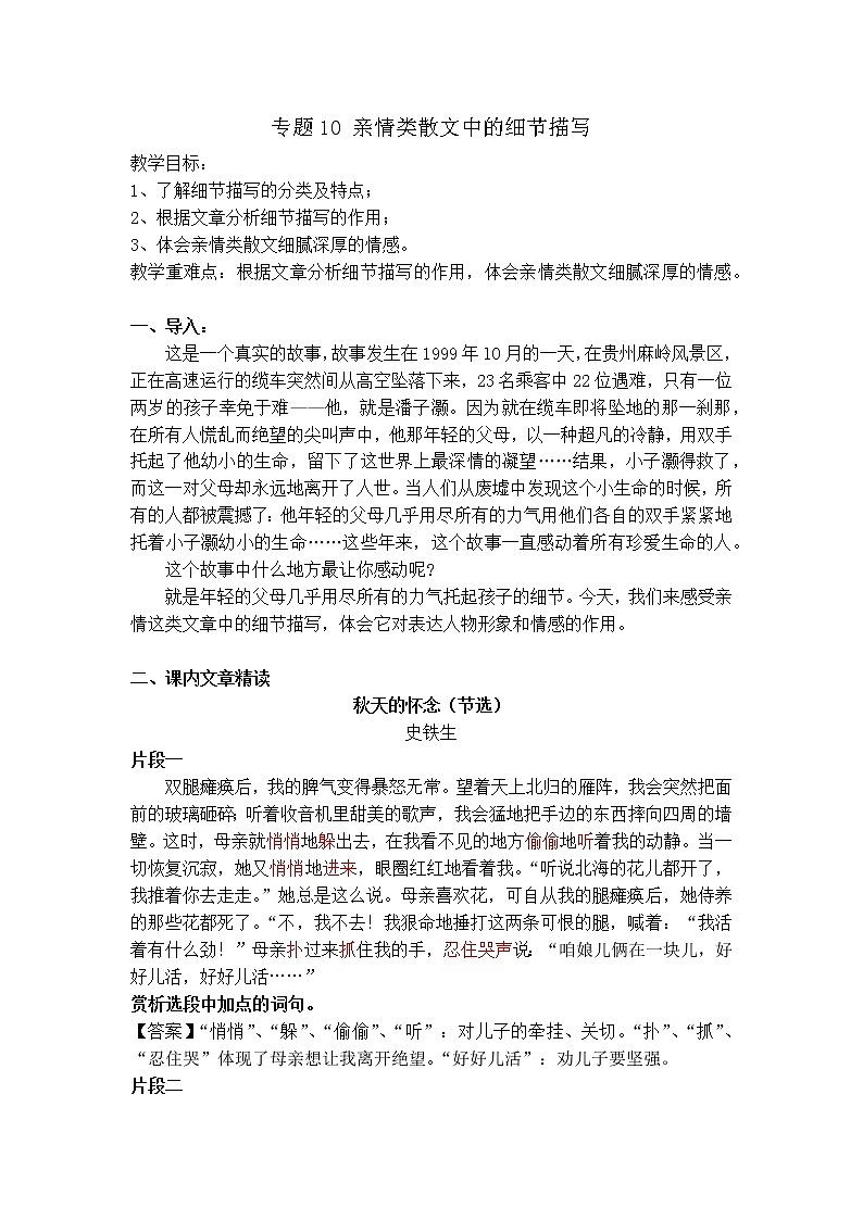 专题10  亲情类散文中的细节描写 课件PPT+教案01