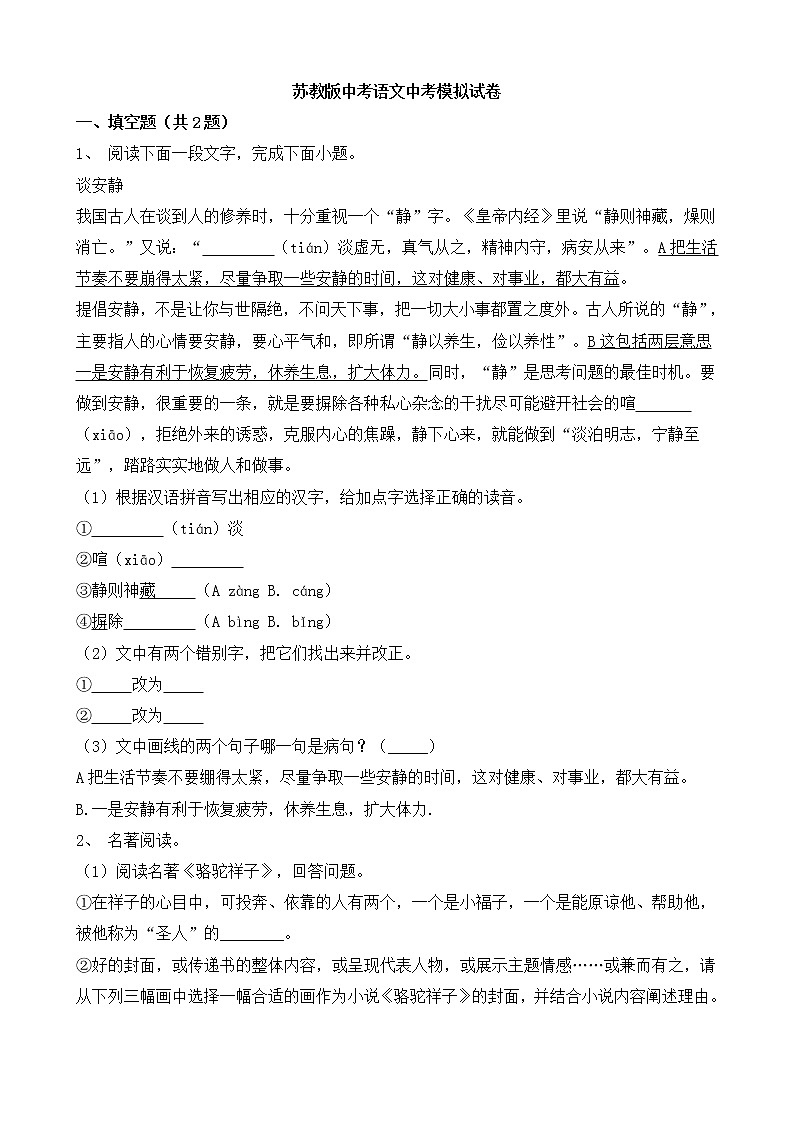 苏教版中考语文中考模拟试卷一（含答案）01