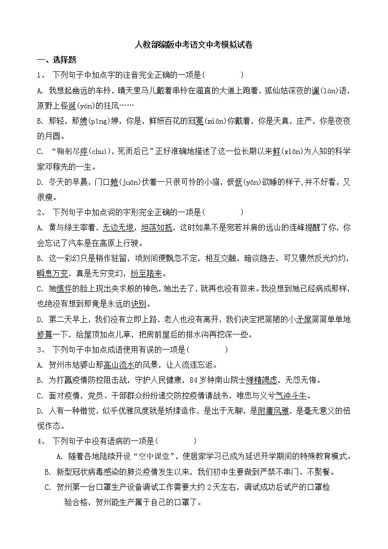 人教部编版中考语文中考模拟试卷四（含答案）第1页