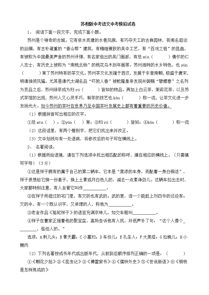苏教版中考语文中考模拟试卷六（含答案）01