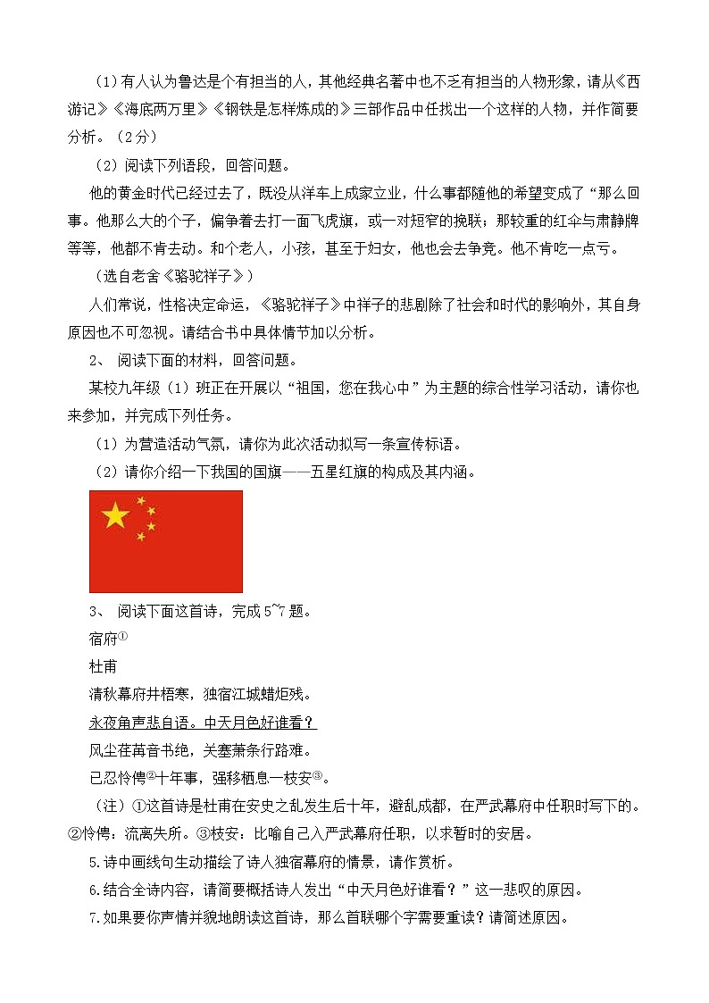 苏教版中考语文中考模拟试卷九（含答案）第2页