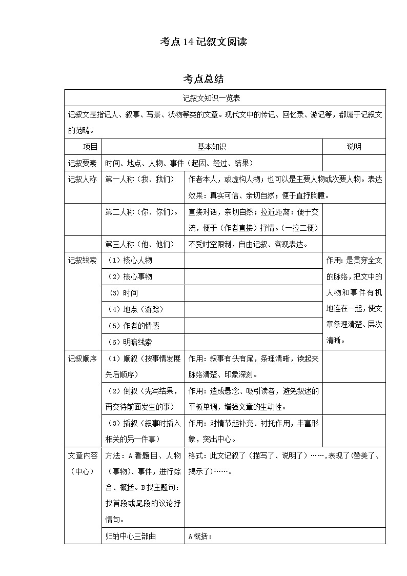 考点14记叙文阅读（解析版）-2022年语文中考一轮过关讲练（部编版）学案01
