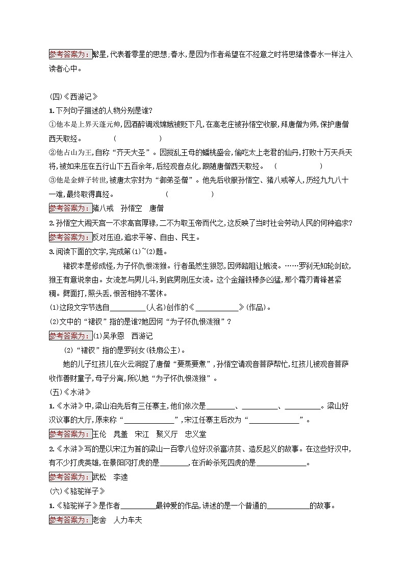 中考语文二轮专题复习素养练习6《文学文化常识与名著阅读专项2课标推荐名著阅读选练》(教师版)第2页