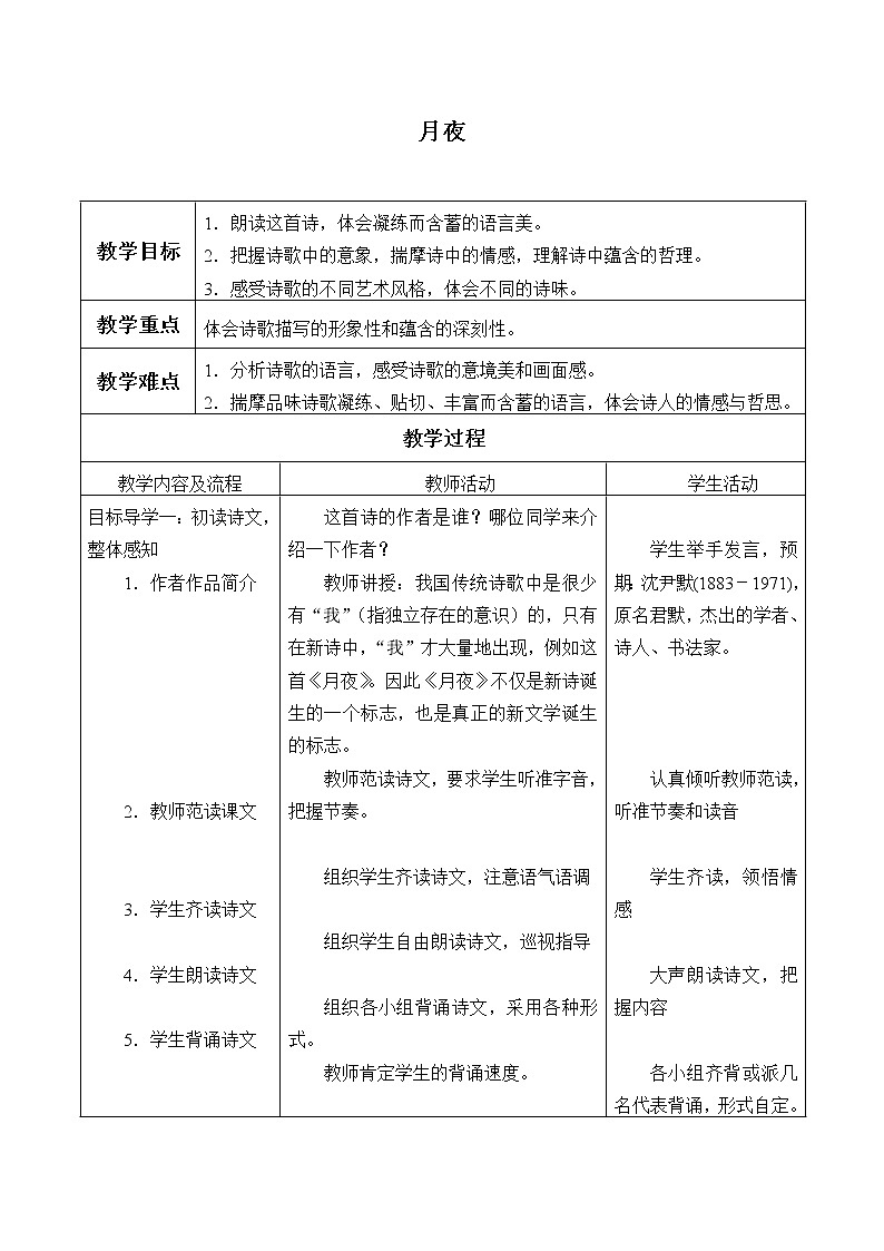人教版（部编版）初中语文九年级下册  3.短诗五首 月夜   教案、学案01