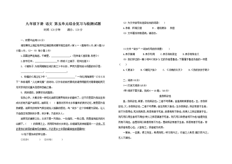 部编版九年级语文 下册 第五单元综合复习检测试题 （含答案）01