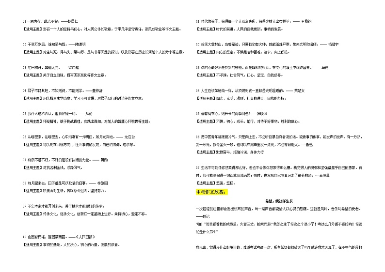 专题04  17句适合做题记的金句+适用主题+两篇小标题中考满分作文欣赏-2022年中考语文作文素材积累及练习01