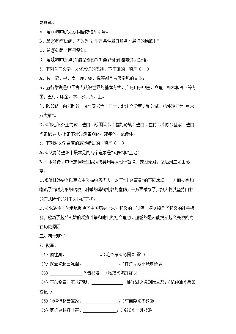 山东省滨州市无棣县20221-2022学年九年级上学期期末语文试题（word版 含答案）02