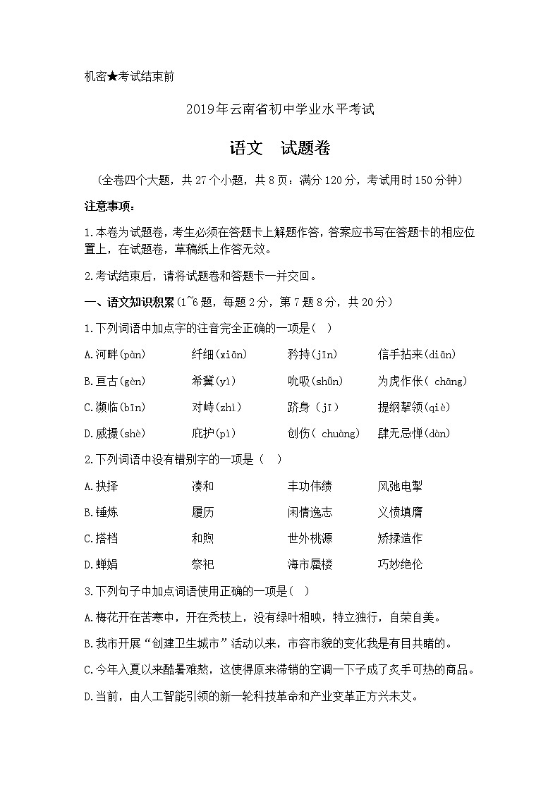 2019年云南省中考语文试题（word版，含答案）第1页