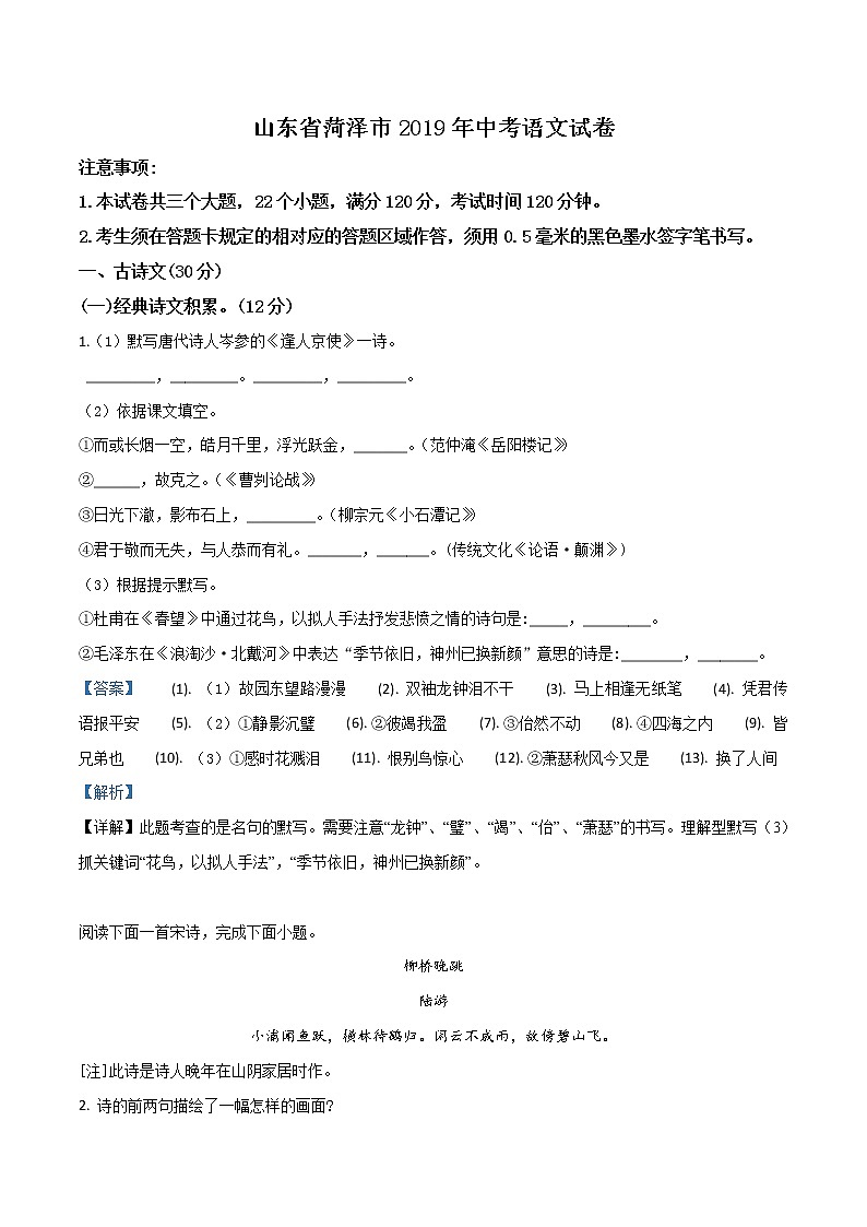 2019年山东省菏泽市中考语文试题（解析版）01