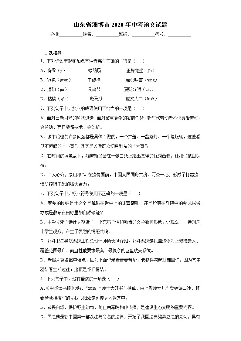 山东省淄博市2020年中考语文试题-第1页
