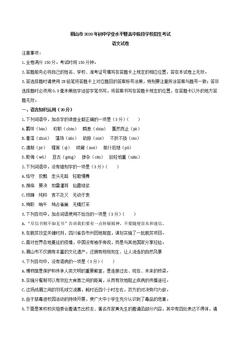 2020年四川省眉山市中考语文试题01